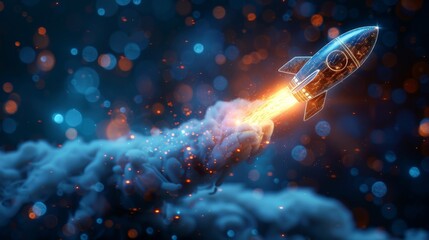 Fototapete - Modern 3D geometric background. Wireframe light connection structure. Isolated  illustration. Abstract blue giving hand with rocket launch. Low poly style design. Hello winter concept. Low poly