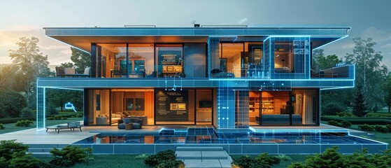 Leinwandbilder - An illustration of a 3D blueprint of a smart home with icons indicating IOT devices. Smart home concept banner. Engineering house system with IOT. System controls domestic appliances via remote