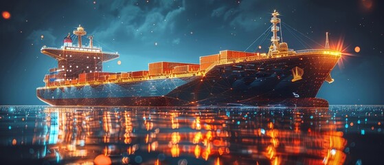 Aufkleber - Low poly wireframe banner template with a cargo ship, container, crane, and warehouse in dark blue. Images related to container ships, business, logistics, and worldwide shipping concepts.