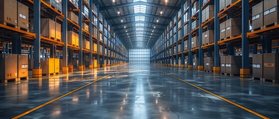 Poster - Featuring automated stock storage, a modern distribution center, an e-commerce warehouse, digital logistics, smart packaging hardware, AI-based delivery systems, innovation in cargo, and a commercial