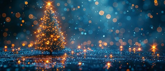 Poster - New Year's card or digital tech calendar poster. Logo of the year 2024 hanging over reflection polished surface. Christmas tree consisting of glowing pixels in a technology style.
