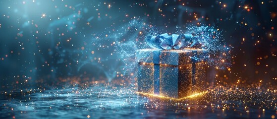 Poster - Abstract gift box with 2024 numbers and blue stars. Low poly style design. Geometric background. Wireframe light connection structure. A modern 3D graphic concept.  illustration.