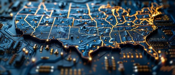Leinwandbilder - Circuit USA on an electronic circuit board with a CPU or chip processor. USA technology background. Microelectronic industry. 3D rendering.