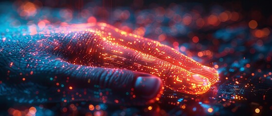 Poster - Fingerprint authorization in banking apps. Identifying a person in internet services. Accessing the internet with biometrics. Scanner scanning the index finger on a user's hand.
