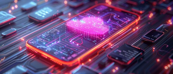 Leinwandbilder - Smartphone isometric concept, mobile phone communication with internet services worldwide, big data, cloud computing, neural networks and phone app development.