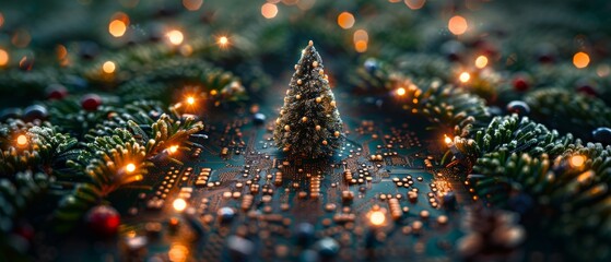 Fototapete - An electronic technology style Christmas tree on a Christmas poster. Congrats to the new year in a computer-styled card. Template Christmas cards with a digital technology theme.