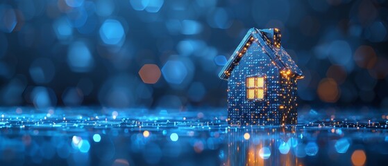 Fototapete - Icon of abstract house behind blue futuristic guard shield. Home insurance concept. Low poly style. Blue geometric background. Wireframe connection structure. Modern 3D graphic.  format.