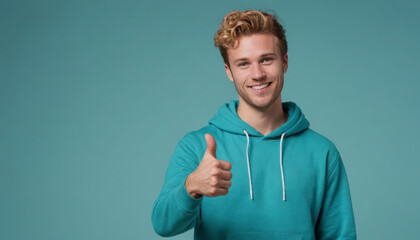 Wall Mural - A joyful blonde man in a teal hoodie giving a thumbs up, blue background. His casual style and cheerful smile express friendliness and positivity.