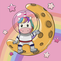 Wall Mural - cartoon astronaut unicorn on the moon on a pink background