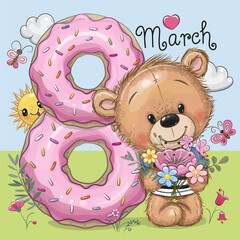 Wall Mural - Cute Cartoon Teddy Bear with flowers