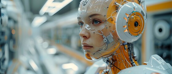 Aufkleber - An engineering robot head connected to a computer in a future science lab. A cyborg artificial intelligence on a touch screen interface.