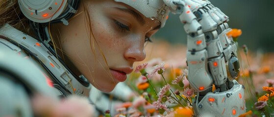 Leinwandbilder - Having an artificial intelligence within the humanoid head, he takes in an artificial robotic flower with his arm outstretched. An anthropomorphic cyborg or robot woman. Computer neural networks