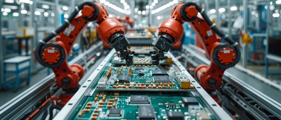 Aufkleber - A production line with robots manufacturing boards with chips, CPUs, and electronic components. A factory with robotic arms or manipulators.
