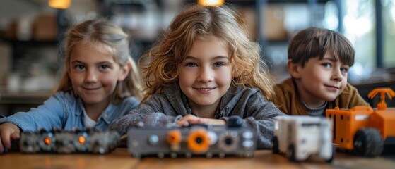 Leinwandbilder - Education in STEM for kids through the internet on laptops. Students study engineering, software development, robotics technology, 3d printing, game development. Computer tech remote school for young