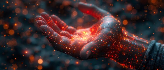 Leinwandbilder - User interacts with abstract VR or AR interface in hand. Virtual reality technology abstract conceptual background. Metaverse.