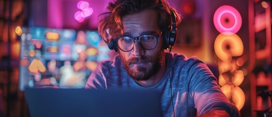 Leinwandbilder - Hacker or gamer or programmer working on laptop with headset and glasses in darkened room. Computer entertainment.