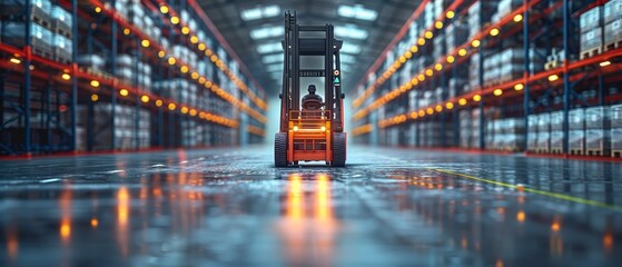 Poster - Warehouse with forklifts, modern distribution buildings, e-commerce warehouses, smart package hardware, artificial intelligence delivery systems, innovation in cargo. Abstract concept.