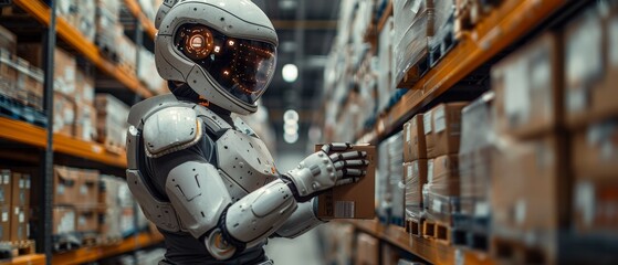 Mechatronic exoskeleton suit on a warehouse worker. Sci-fi concept exoskeleton suit. Future delivery and logistic technology.