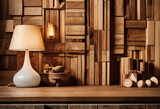Fototapeta Las - Un table et mur en bois style chalet déco - generative AI