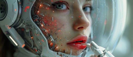 Leinwandbilder - She paints her lips with lipstick, does makeup with a robotic wig. The robot hides itself as a human with a 3D printer. The face of the robot is hidden beneath a human mask.