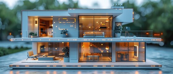 Leinwandbilder - 3D blueprint plan of smart home with icons for the Internet of Things. Conception banner for smart home. Internet of Things in smart home technology. Remote control of domestic appliances with the