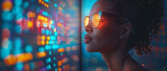Poster - AI robot trader analyzing charts on the stock exchange market. A woman robot trader assistant on the forex market. Automated trading system. Automated trading AI system. Bot trader preparing trading