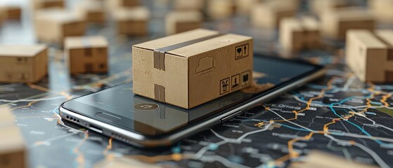 Leinwandbilder - Tracking an online delivery in a mobile app. Show the courier's location on a map. GPS tracking box shipment. Box with order pops out of the phone's screen. The concept of online logistics.