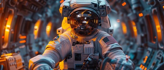 Wall Mural - Female astronauts in spacesuits hovering in weightlessness inside spaceships against a sky of portholes. Design of Earth hologram on virtual monitor.