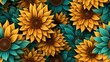 3d sunflower floral flowers seamless repeat pattern, floral pattern, flower paper art, in the style of light peach and dark teal polish folklore motifs, detailed foliage