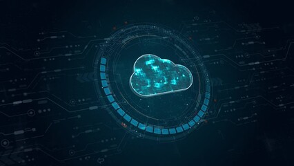 Wall Mural - motion graphic of blue digital cloud computing logo and circle futuristic hud elements with flowing 