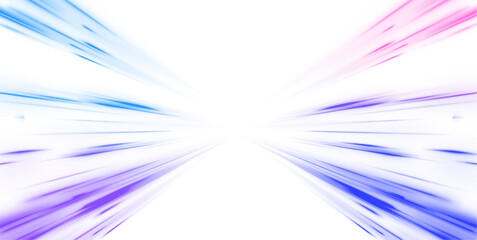 Neon stripes in the form of drill, turns and swirl. Panoramic high speed technology concept, neon lines on white transparent background in PNG format.	