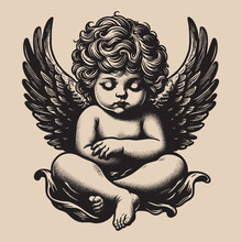 Sweet Little Baby Angel Is Sleeping. Old Vintage Engraving Illustration. Hand Drawn Outline Graphic. Logo, Emblem, Icon. Isolated Object, Cut Out. Black And White