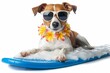 On summer vacation holidays, a jack russell dog surfing the waves on ocean sea with cool sunglasses and flower chain