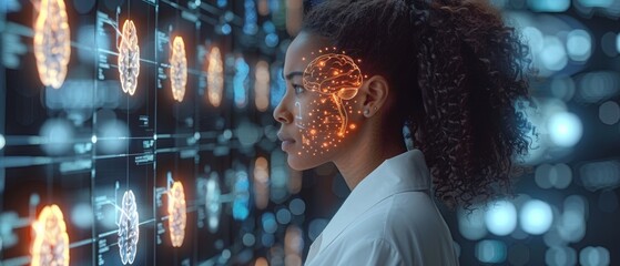 Poster - Using robotic technology and innovative medical technology, doctors diagnose and examine patients' brains with artificial intelligence software. AI, innovative medical healthcare and digital science