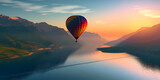 colorful hot air balloon floating gracefully above a tranquil lake, with majestic mountains and a soft-hued sky in the backdrop