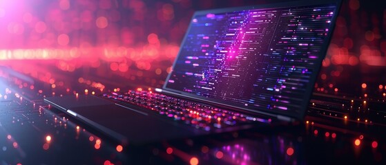 Poster - Developing software, programming, testing software on laptop screen. Abstract computer code on screen. Laptop, icons of computer technology. Isometric view of digital computer technology.