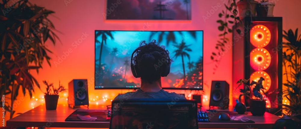 PC or gaming desktop computer. Gaming computer on table front view ...