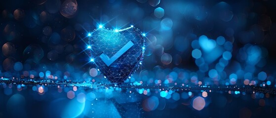 Leinwandbilder - A polygonal wireframe shield with a check mark sign on dark blue represents a secure service, a cyber shield, an antivirus solution, internet safety, a firewall system, and a privacy concept.