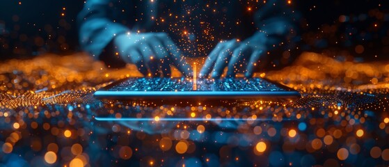 Poster - An abstract businessman is holding a tablet with a stock market candlestick hologram. An investor in a technological blue futuristic landscape.  3D illustration.