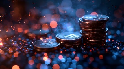 Leinwandbilder - Isolated  illustration of an abstract coins pile with falling coins. Saving money concept. Low poly style design. Blue geometric background. Wireframe light connection structure. Modern 3d