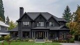 Fototapeta Miasto - a two-story traditional house featuring a matte black exterior and charcoal grey roofing in a realistic photograph, enhance the home's majestic presence, a neatly landscaped front yard.