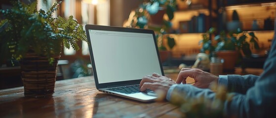Aufkleber - The concept image shows a close-up of a businessman's hand working on a laptop computer with a blank screen on a wooden desk