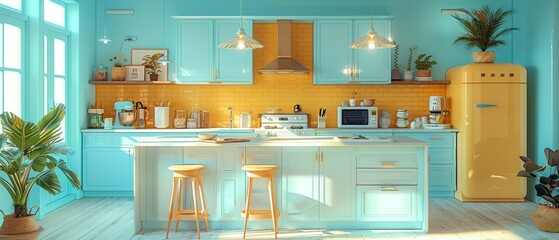 Fototapete - The blue kitchen interior features a large island and white countertops. It is a cozy and bright kitchen full of utensils and appliances. The workspace in the kitchen is clearly visible. The