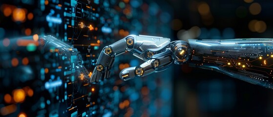 Poster - A robot's hand touching a modern interface and AI word (Artificial Intelligence), Connection technology and a new era of innovation, Machine learning, AI, Technology and science.