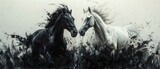 Fototapeta  - Detailed painting of modern abstract art, with metal elements, texture background, and animals and horses.