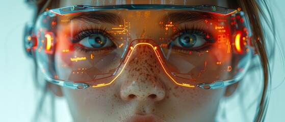 Poster - An image of a cyborg woman in cyberpunk style, wearing a futuristic suit and wearing a sci-fi tech punk hairstyle. Tech punk hairstyle. Female cyborg with electronic implants and virtual reality