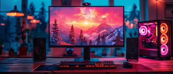Fototapete - Gamer rig or powerful gaming computer with computer game on screen. Monitor on table in gamer room with neon light in the dark. Gaming PC on desk. Online video game interface on screen PC.