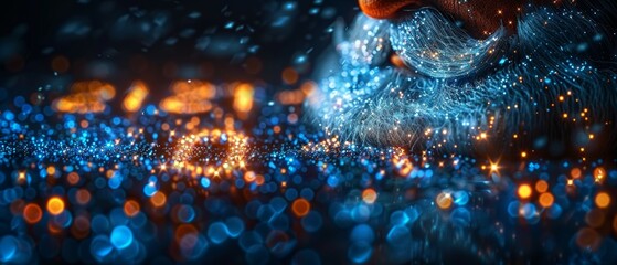 Poster - An icon of Santa Claus in 2024 digits, consisting of glowing pixels on a blue background. Suitable for a New Year card or digital tech calendar poster. The logo of the year 2024 is hung over the