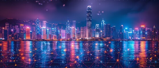 Aufkleber - Cyberpunk color style digital city background at night, panoramic view using smart networks and connections, concept of smart networks and connections