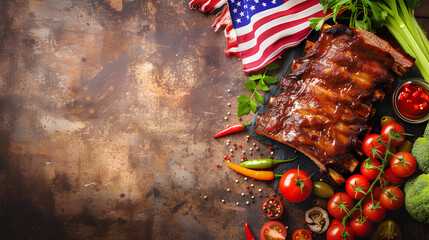 Barbecue baby back ribs with vegetables and the American flag, empty copy space